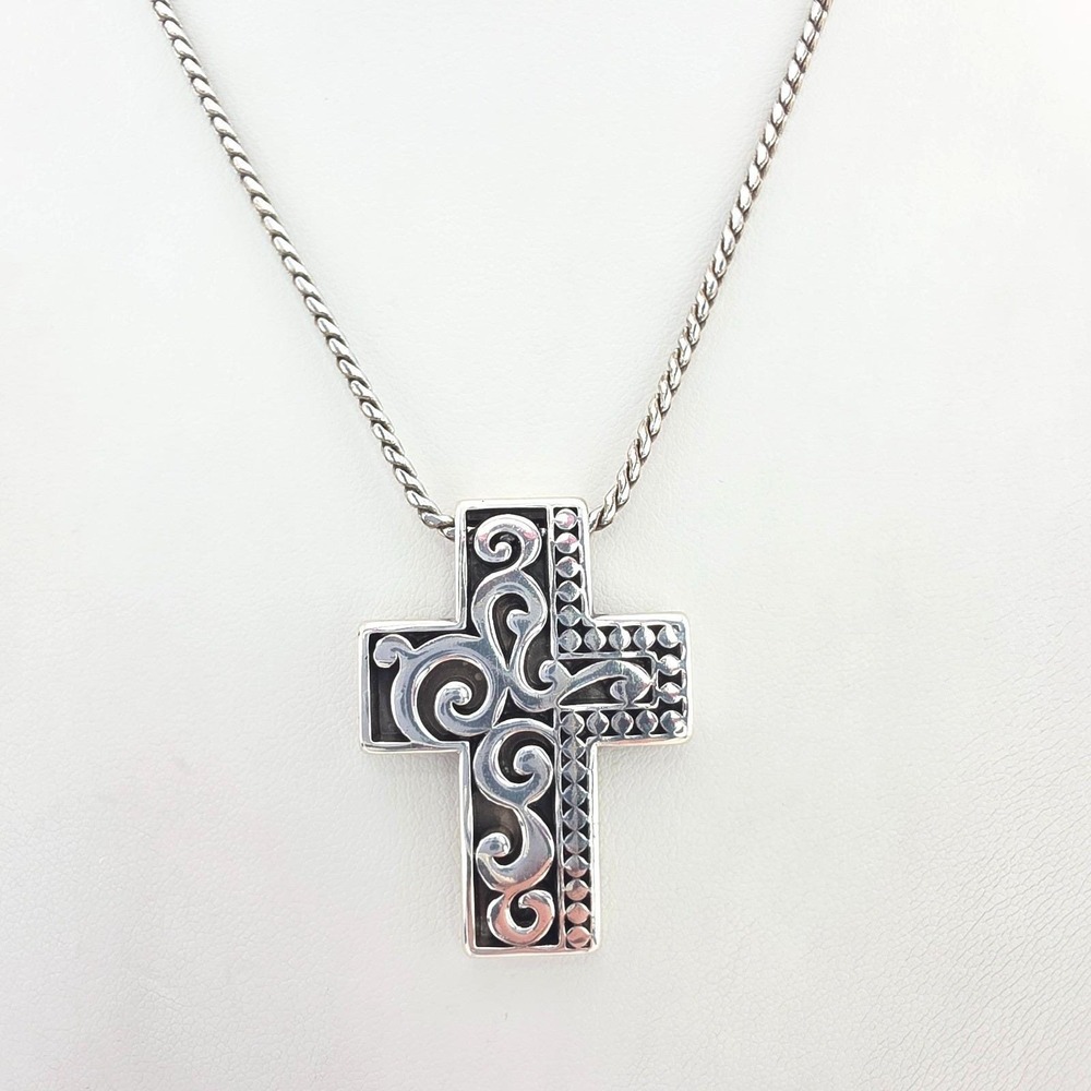 BRIGHTON 'Uluwatu' Cross Necklace Reversible Etched Scrollwork Silver Plate 18"